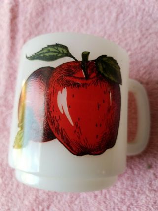Vintage Glasbake Milk Glass Coffee Tea Mug Apples Fruit Design 1960s