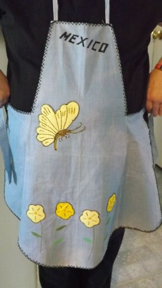 Vintage Full - Length Blue Kitchen Apron With Butterfly Mexico