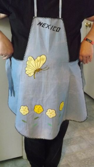 Vintage Full - Length Blue Kitchen Apron With Butterfly Mexico 2