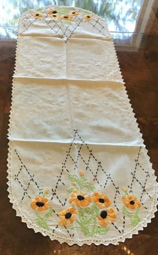 Vintage Small Embroidered Table Runner Or Dresser Scarf