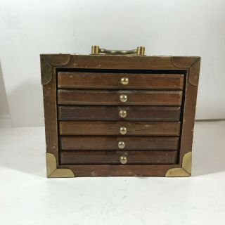 Vintage 6 Piece Wooden Cork Coaster Set Brass Handle