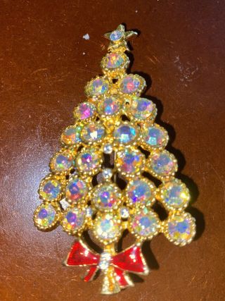 Vintage Rhinestone Christmas Tree Brooch Pin - Estate Lovely