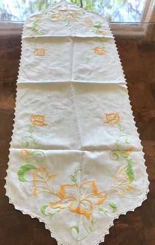 Vintage Embroidered Cotton Dresser Scarf Or Table Runner Green & Yellow