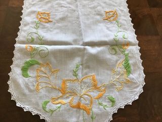 Vintage Embroidered Cotton Dresser Scarf Or Table Runner Green & Yellow 2