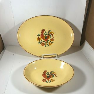 Vintage Two Piece Dinnerware Yellow Rooster Country Kitchen Plate And Bowl