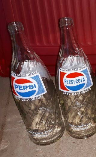 2 Vintage Pepsi Cola 32 Ounce Quart Glass Bottle Swirl 1976?