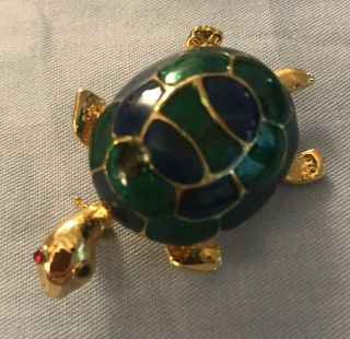 Vintage Turtle Brooch.  Green/blue Enamel,  Gold - Tone Body.  Red Eyes