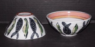 Vintage Set Of 2 Hand Painted Wavy Fish & Sea Grass Bowls Large Stripes Euc