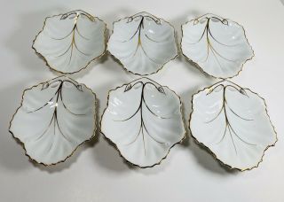 Set Of 6 Vintage Small White Porcelain Leaf Shaped Trinket Bonbon Dish Gold Trim