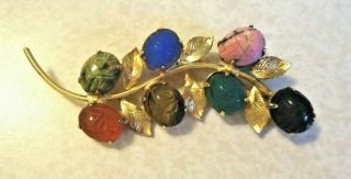 Vintage Gold Tone Egyptian Style Beetle Scarab Carved Stone Leaf Brooch Pin