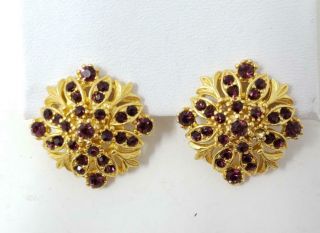 Vintage Gold Tone Amethyst Purple Rhinestone Flower Clip On Earrings