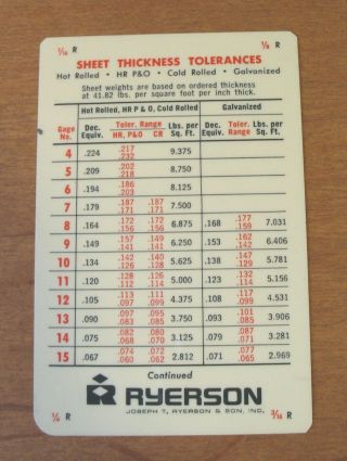 Vintage Joseph T.  Ryerson Sheet Metal Thickness Tolerances Pocket Card Guide
