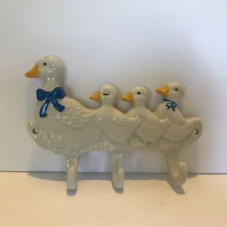 Vintage Ceramic Mother Duck And Ducklings Key Hooks White Blue Gosling Goose