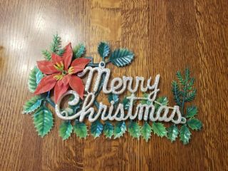 Vintage Plastic Merry Christmas Sign Gold Glitter Red Poinsettia Holly