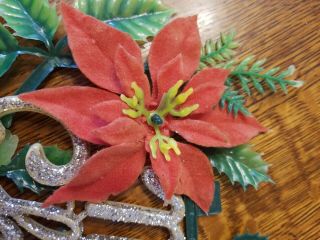 Vintage Plastic Merry Christmas Sign Gold Glitter Red Poinsettia Holly 3
