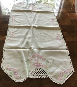 Vintage Embroidered Lilac & Pink Cotton Dresser Scarf Or Table Runner