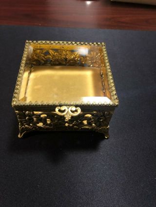 Vintage (1960s) Gold Tone Ornate Jewelry Box With Glass Top