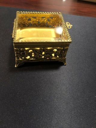 Vintage (1960s) Gold Tone Ornate Jewelry Box with Glass Top 2