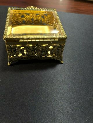 Vintage (1960s) Gold Tone Ornate Jewelry Box with Glass Top 3