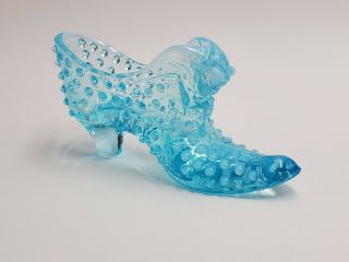 Vintage Fenton Hobnail Cat Head Slipper Shoe Blue Opalescent Art Glass