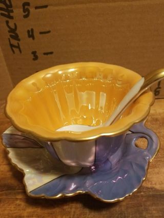 Vintage Noritake Hand Painted Lusterwear Plate,  Bowl And Spoon With Gold Trim