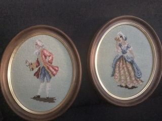Vintage Colonial Woman & Man Finished Needlepoint Oval Brown Framed
