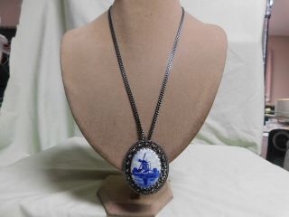 Vintage Silver Tone Black Enamel W/ Delft Blue Holland Ceramic Scene Necklace