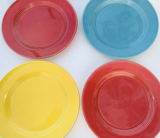 4 Vintage Harlequin Homer Laughlin 10” Plates Yellow,  Turquoise & Red/coral