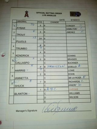 Los Angeles Angeles Game Manager Lineup Card Albert Pujols Mike Trout