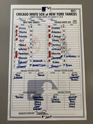 Chicago White Sox Vs York Yankees Game Line Up Card 8/27/18