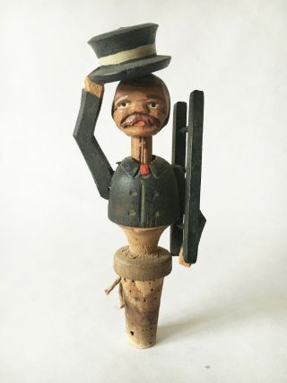 Vtg Hand Carved Painted Wood Figure Mechanical Wine/bottle Cork Stopper