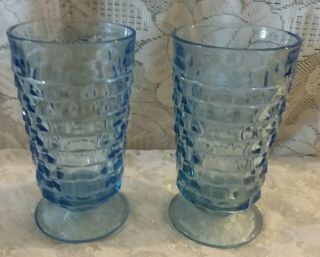 Two Vintage Whitehall Colony Blue Cube Tumblers Footed Glass Ice Tea Goblet.  1