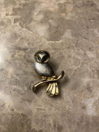 Small Vintage Owl Brooch With Green Stones Silver And Gold Tones