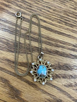 Vintage Signed Sarah Coventry Beaded Gold Tone Oval Faux Turquoise Pendant