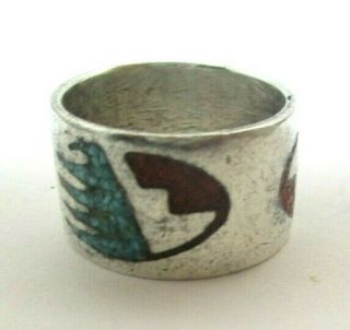 Vintage Navajo Turquoise & Coral Inlay Wide Band Ring Size 5 1/2