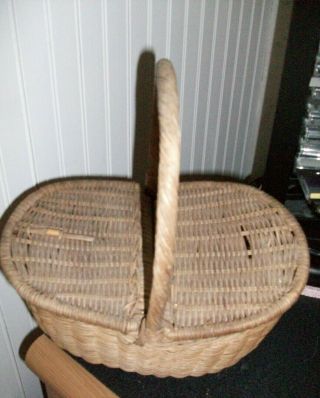Vintage Woven Wicker Double Lid Small Picnic Sewing Basket With Handle