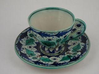 Vintage Hand Painted Cup Saucer With Cat Pattern Rooster Mark Cantagalli Italy
