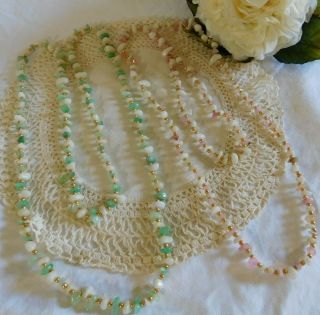 Set Of 2 Vintage Polished Stone Beaded Necklaces,  Jade Green/white/pink/gold
