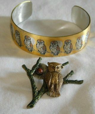 Vintage Reed & Barton Damascene Owl Cuff Bracelet,  Goldstone Owl Pin Set Of 2