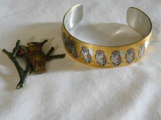 Vintage Reed & Barton Damascene Owl Cuff Bracelet,  Goldstone Owl Pin Set of 2 2