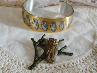 Vintage Reed & Barton Damascene Owl Cuff Bracelet,  Goldstone Owl Pin Set of 2 3