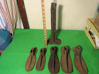 Vintage Cast Iron Shoe Cobblers Anvil Stand/ 5 Shoe Molds