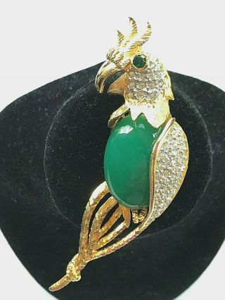 Vintage Bird Parrot Green Jelly Belly Gilt Gold Tone Rhinestone Pin Brooch Neat