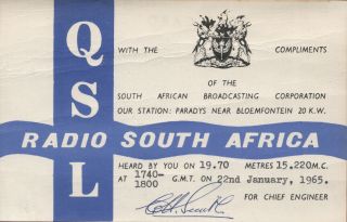 Vintage Qsl Card Radio South Africa 1965