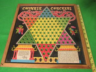Vintage Chinese Checkers Game Board & Checkers Wood Frame Transogram Co.