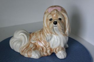 Vtg Adorable Large Lhasa Apso Ceramic Dog Puppy Hand Painted White Tan Pink Bow