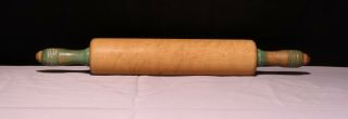 Vintage 17.  25 " Maple Wood Rolling Pin W/ Grooved Handles Green Paint Worn