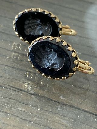 Vintage Carved Black Intaglio Cameo Pendant Earrings
