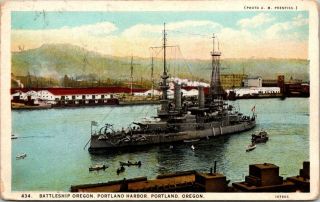 Early 1900s Vintage Postcard Of Battleship Oregon.  Portland Harbor,  Oregon