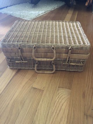 Vintage Wicker Picnic Basket Suitcase 16 X 11 X 6 In.